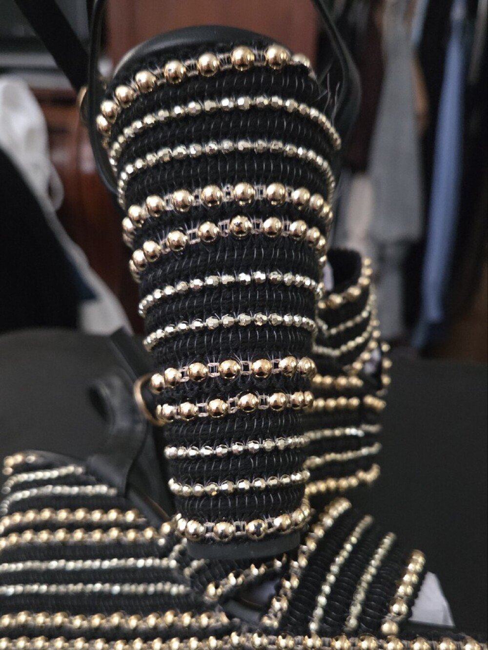BAMBOO Black and Gold Beaded Crisscross Platform Sandals - Strappy Ankle Buckle - Picture 4 of 5